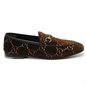 GUCCI Jordaan horsebit GG logo jacquard velvet leather loafers flats